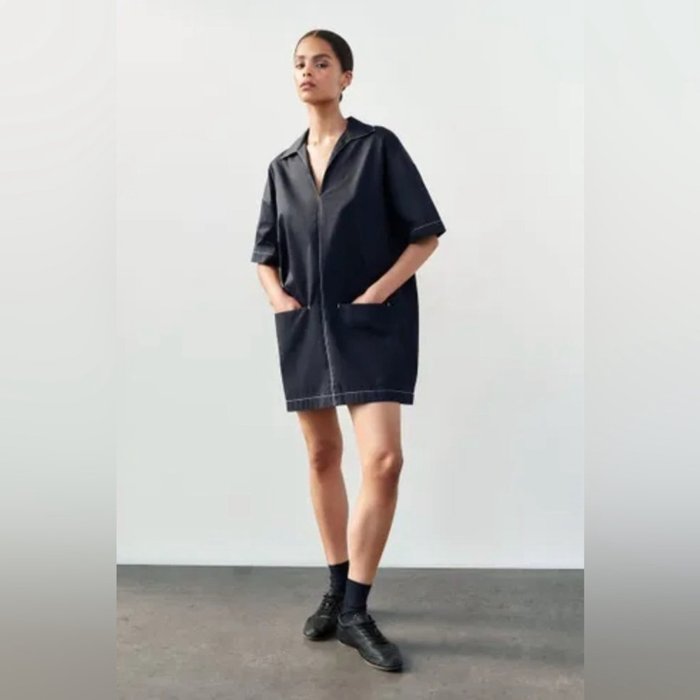 Zara POPLIN DRESS WITH CONTRAST TOPSTITCHING Navy blue xs